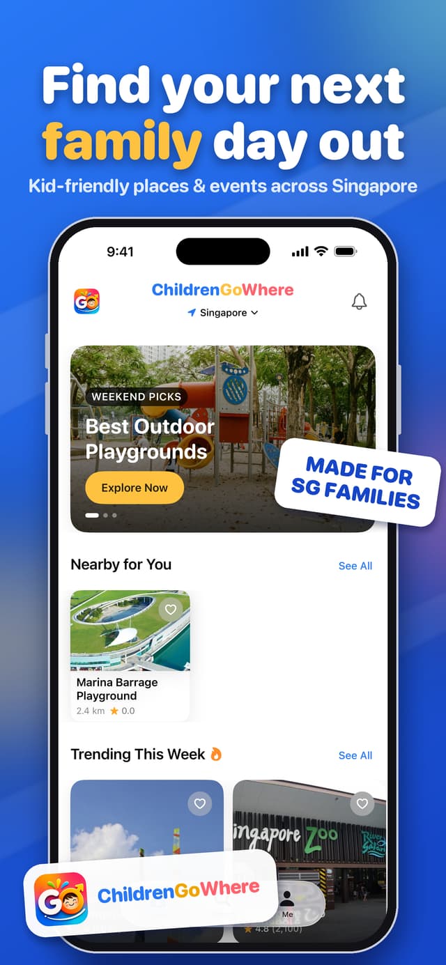 App Store screenshot: Find your next family day out, with the ChildrenGoWhere home screen