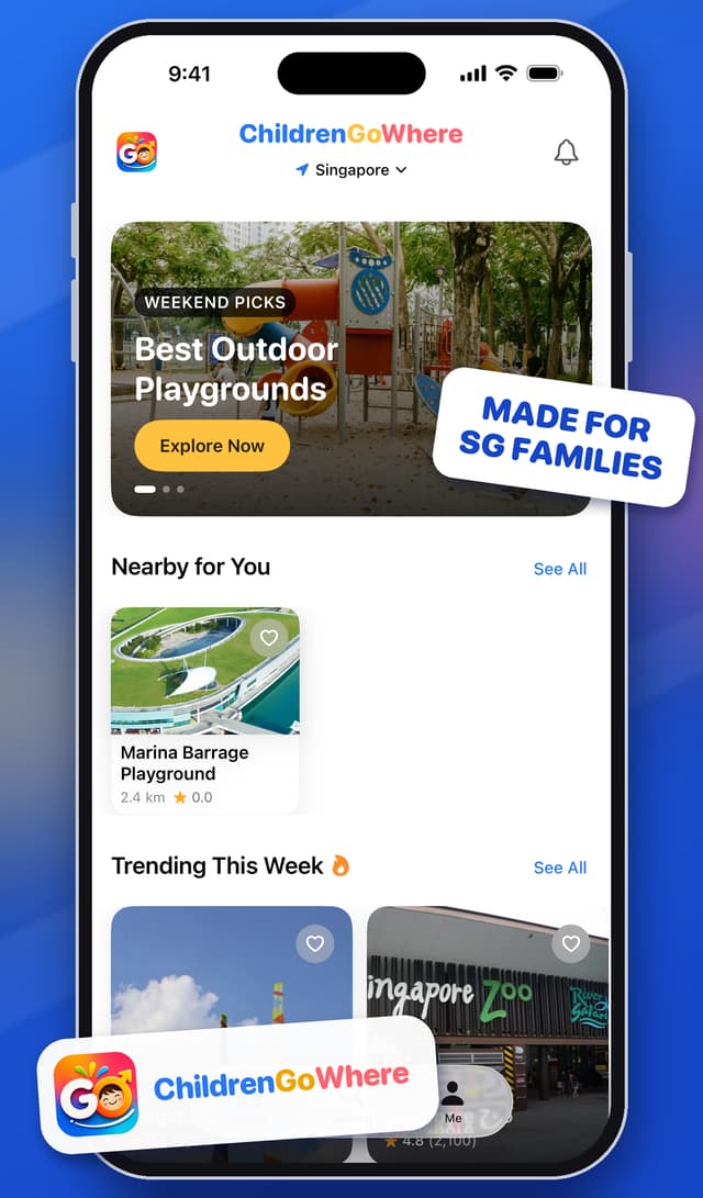 ChildrenGoWhere home screen showing weekend picks, nearby places and trending family spots in Singapore