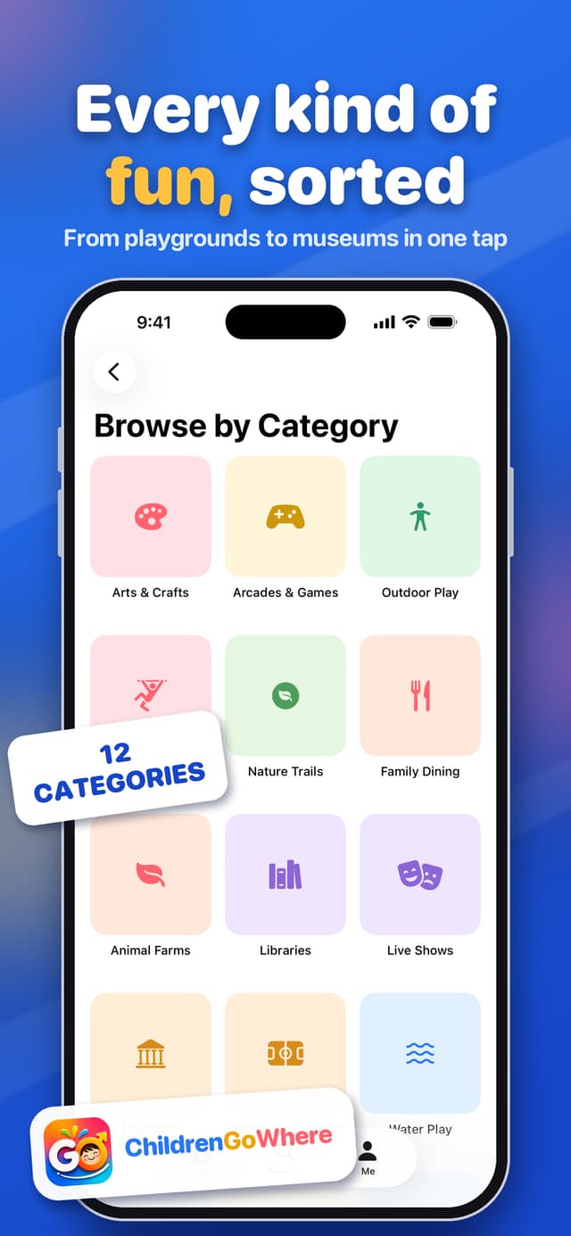 App Store screenshot: Every kind of fun, sorted, showing 12 categories