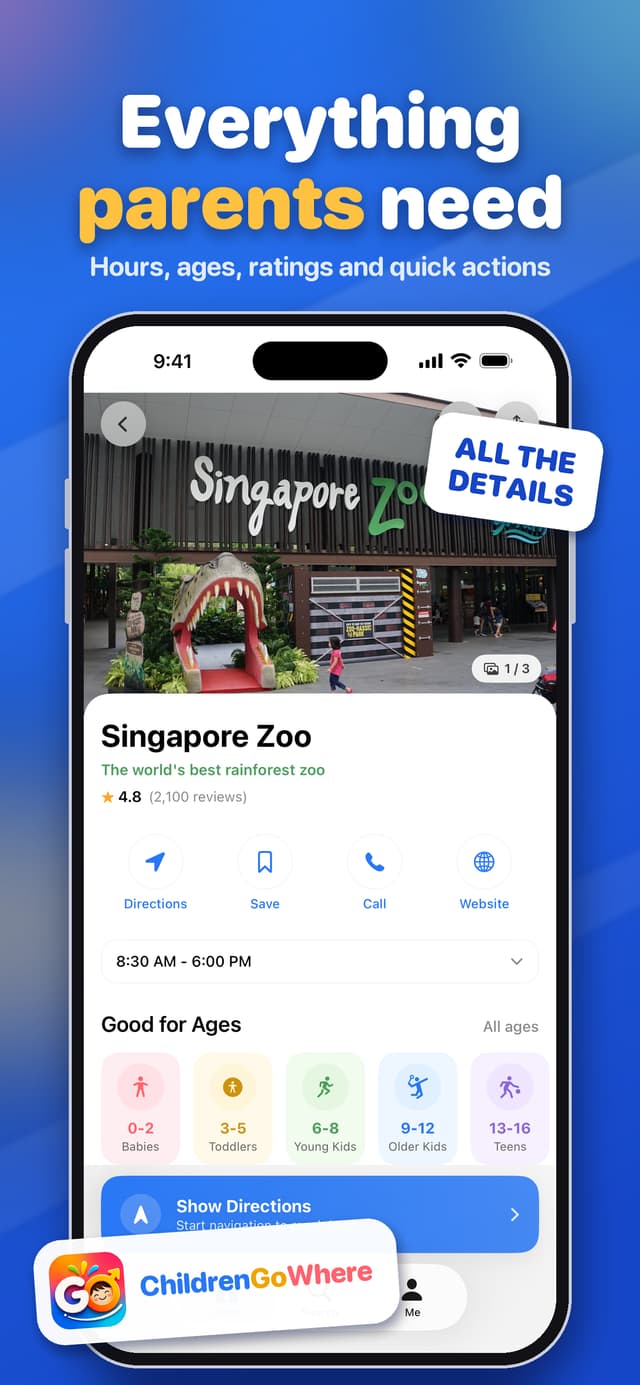 App Store screenshot: Everything parents need, showing a place page with hours and ages