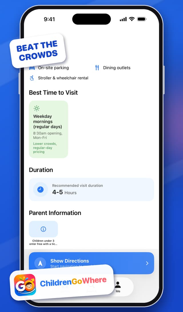 Plan the visit screen showing facilities, best time to visit, recommended visit duration and parent information