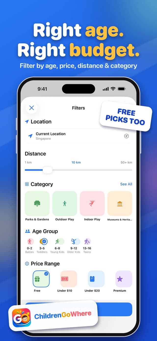 App Store screenshot: Right age, right budget, showing the filters sheet