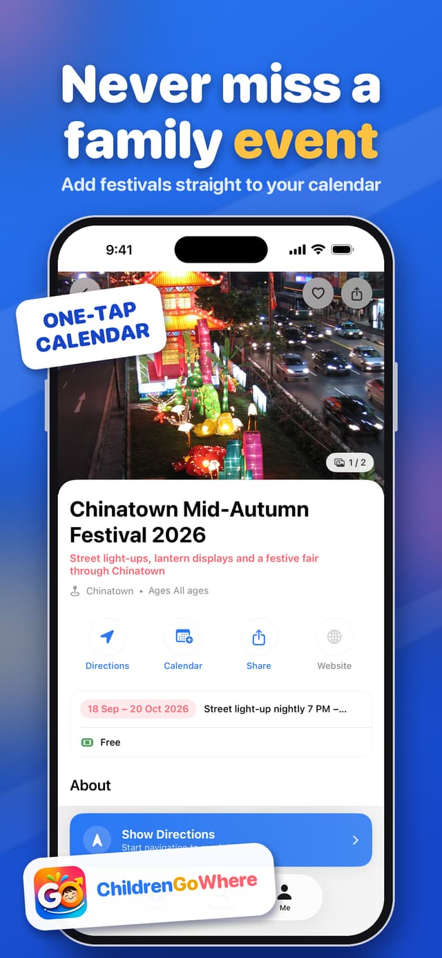 App Store screenshot: Never miss a family event, showing an event page with one-tap calendar