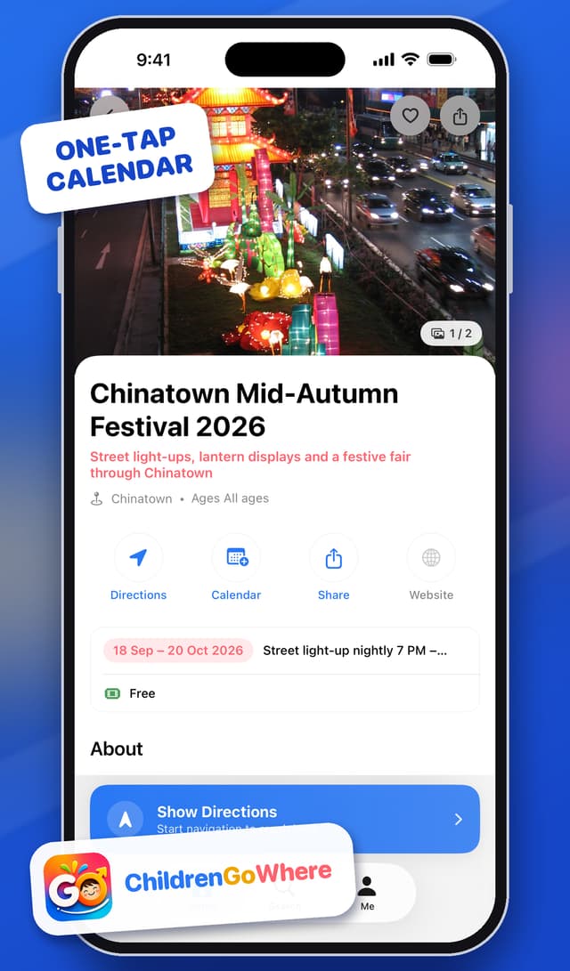 Chinatown Mid-Autumn Festival event page with dates and Directions, Calendar, Share and Website buttons